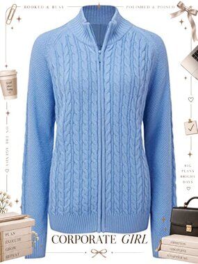 Long Sleeve Zip Cable Knit Cardigan Loose Fit Sweater